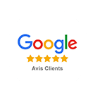 Logo Google avec cinq étoiles jaunes et le texte 'Avis Clients', symbolisant une excellente évaluation et la satisfaction.