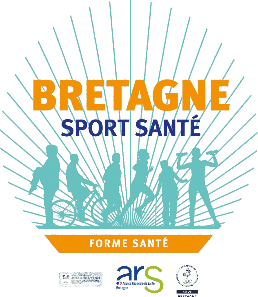 Affiche Bretagne Sport Santé. Silhouettes de sportifs variés sur fond rayé. Le message Forme Santé est en bas. Logos partenaires.
