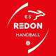 Logo rouge vif du club ES REDON HANDBALL avec une silhouette de fouine blanche et un ballon de handball stylisé, encadré de courbes dynamiques.