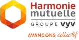 Logo Harmonie Mutuelle Groupe VYV avec un hexagone orange-rouge et le slogan « Avançons collectif ».