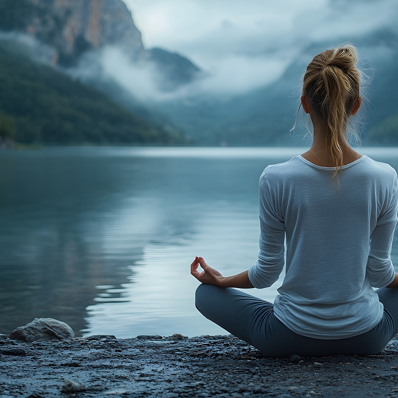 Femme méditant au bord d'un lac de montagne brumeux. Elle est vue de dos en position du lotus, face à l'eau calme et aux pics nuageux. Ambiance paisible.