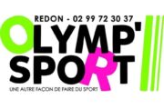 Logo Olymp' Sport : "OLYMP' SPORT" noir, O vert, OR magenta. Slogan "Une autre façon de faire du sport". Redon - 02 99 72 30 37.