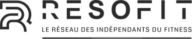 Logo Resofit, réseau des indépendants du fitness. Symbole R stylisé en gris foncé sur fond noir.