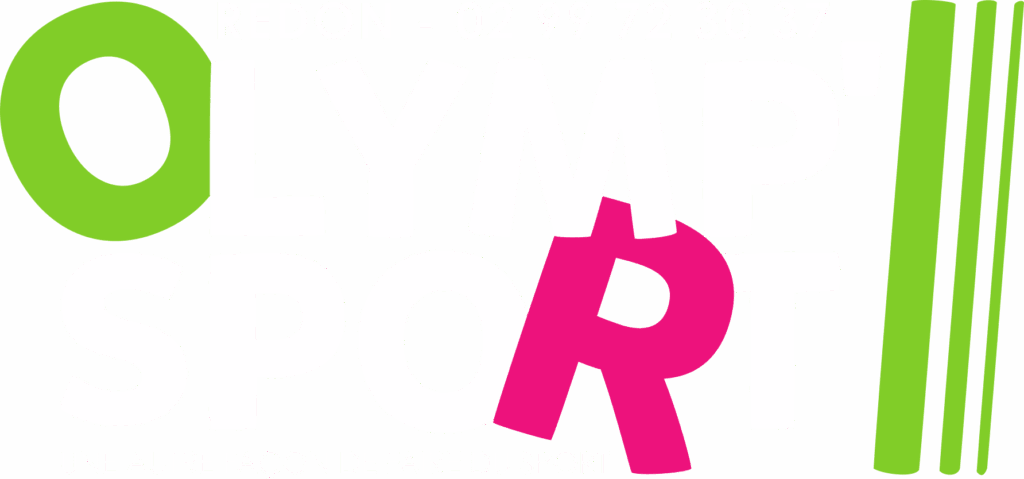 Logo "OLYMP' SPORT" (O vert, R rose) sur fond noir. Adresse "REDON" et téléphone "02 99 72 30 37". Slogan "UNE AUTRE FAÇON DE FAIRE DU SPORT". Bandes vertes.
